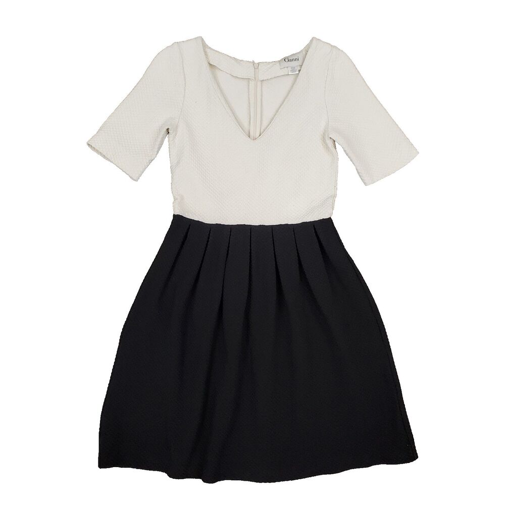 Ganni Textured Black White Mini Dress S Pleated Vneck Quiet Luxury Minimalistic